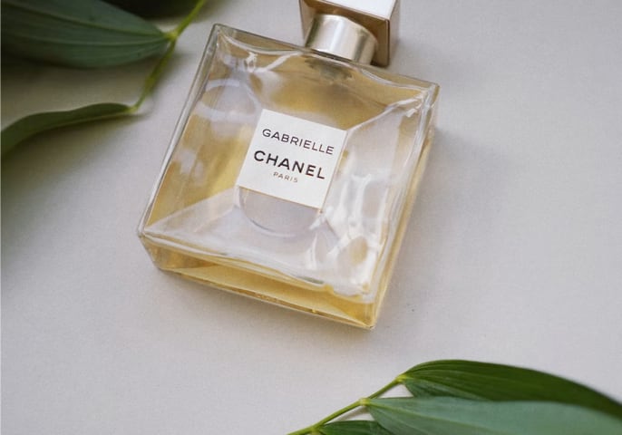 Photo of Chanel Gabrielle bottle among some fern leaves.